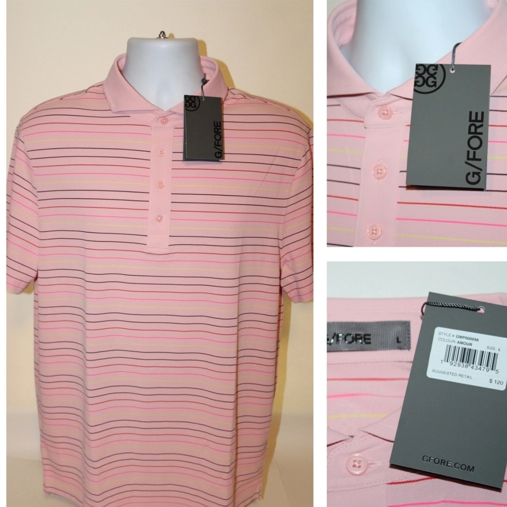 G/FORE Men's Pink Striped Polo Shirt